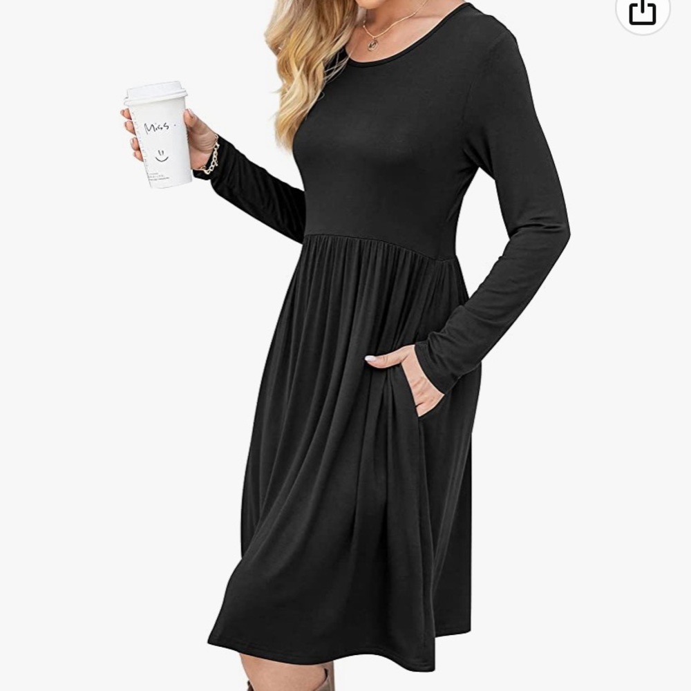 Long sleeve black basic dress with pockets